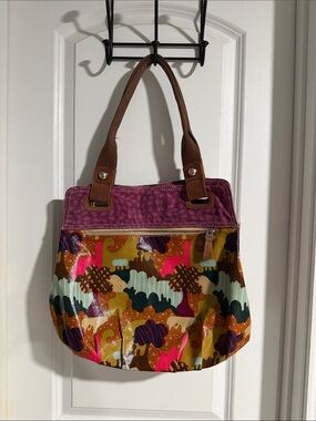 Stylish Vintage Multicolor Patterned Tote Bag with Pink/Purple Trim